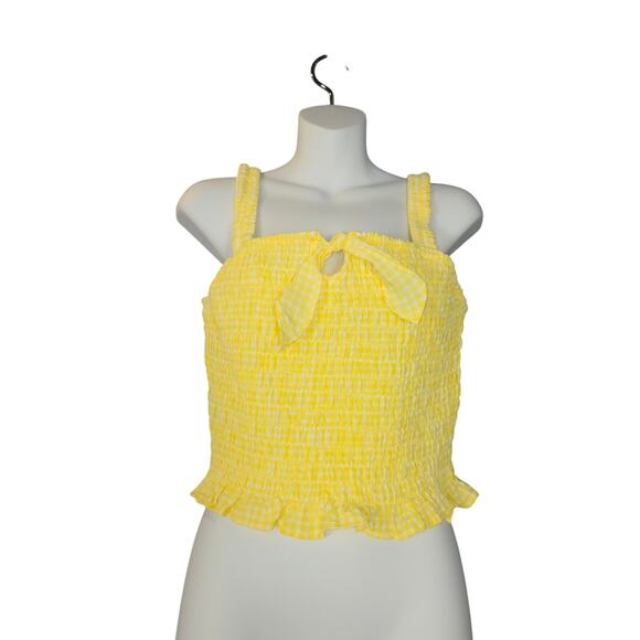 Sienna Sky Womens Large Tank Top Yellow Checked Rouched Cropped Vacation Beach - Picture 1 of 12